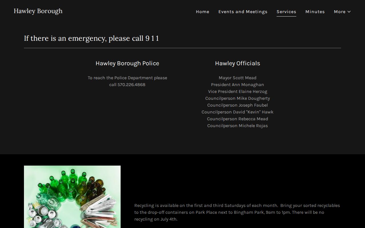 Hawley Borough Police services listing for Wayne County booking-record research
